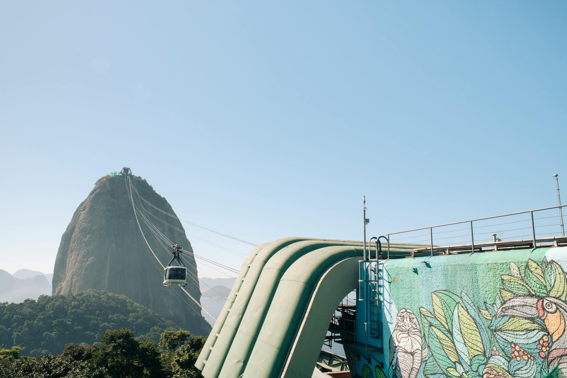 Scenic view of Sugarloaf Mountain with a cable car in Rio de Janeiro, Brazil.