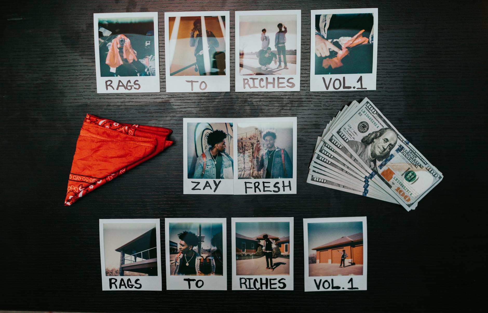 Polaroid pictures with US dollars representing a hip-hop album theme 'Rags to Riches Vol. 1'.