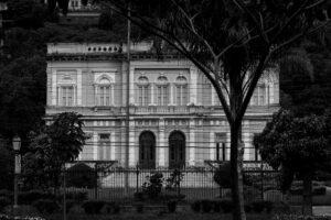 Historic Rio Negro Palace facade in black and white, Rio de Janeiro, Brazil.