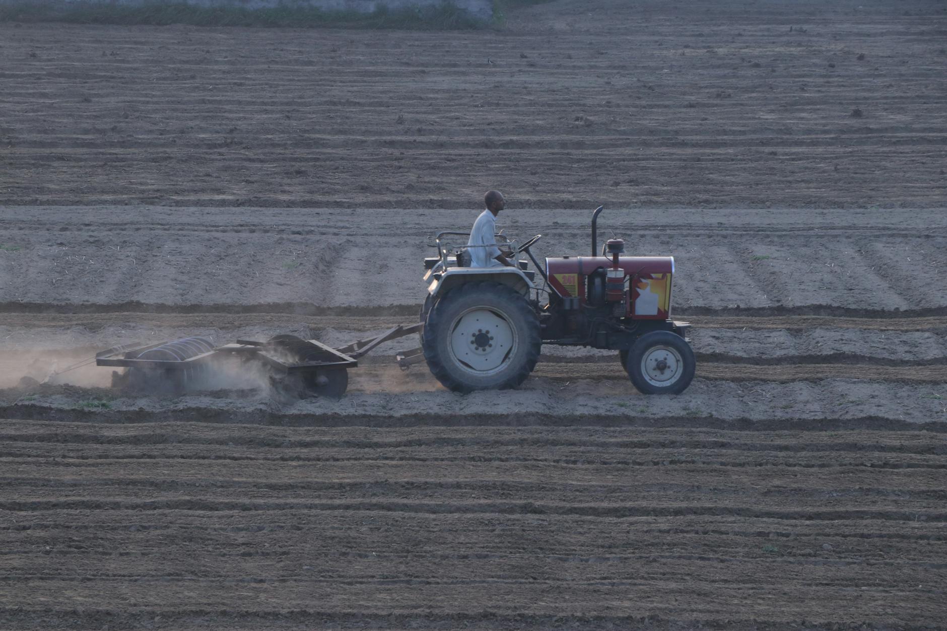 A farmer operates a tractor for harrowing soil in a vast field, capturing early morning labor.