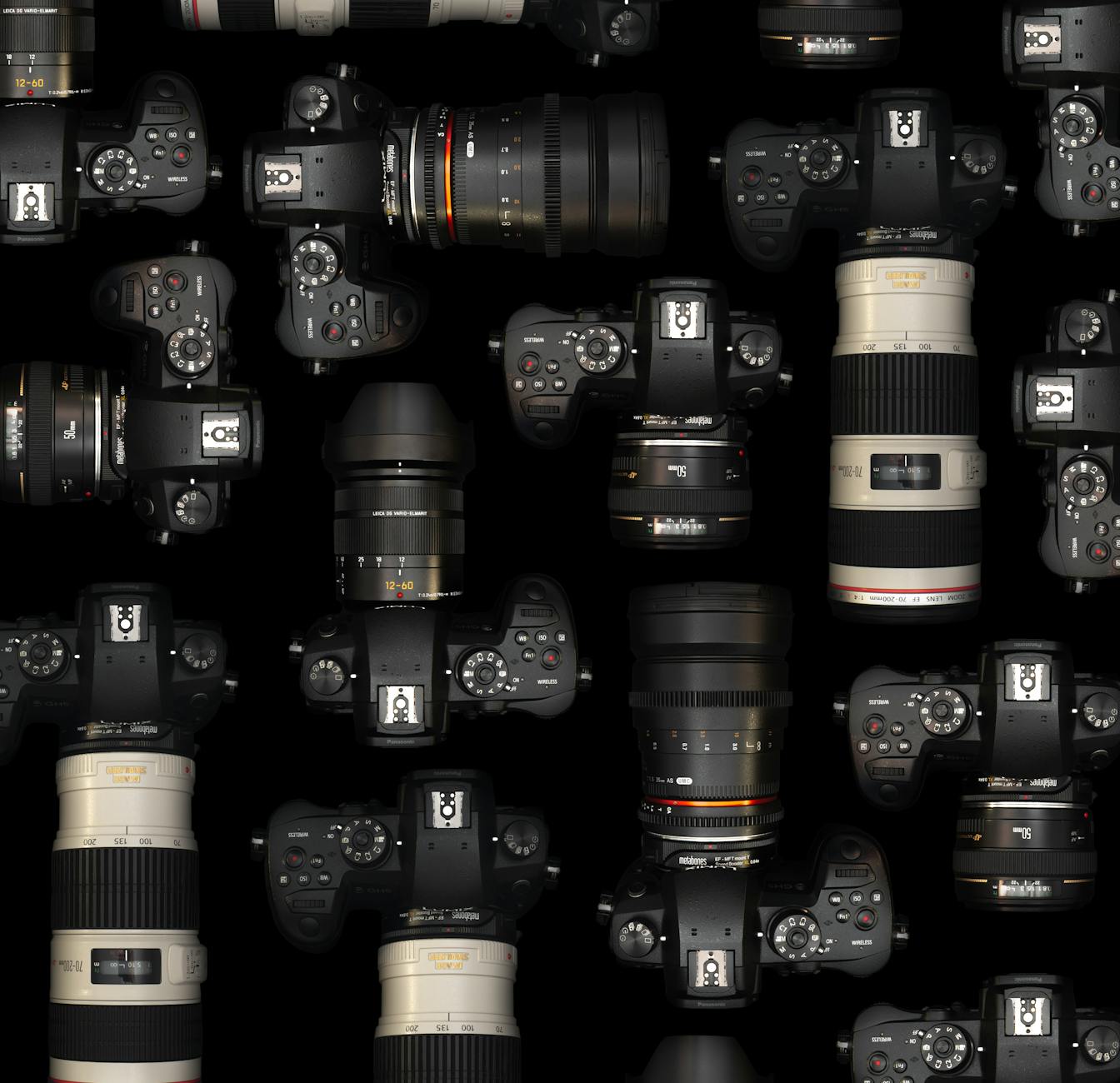 A collection of DSLR cameras and lenses against a black backdrop, showcasing modern photography equipment.
