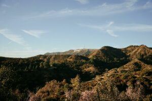 Beautiful landscape view of the Hollywood Hills showcasing the iconic Hollywood sign under a clear blue sky.